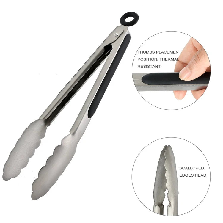 2 Pcs Stainless Steel Kitchen Tongs 9 12 inch Locking Cooking Tongs Non-Slip Metal Food Tongs BBQ Grilling Tongs Serving Clip