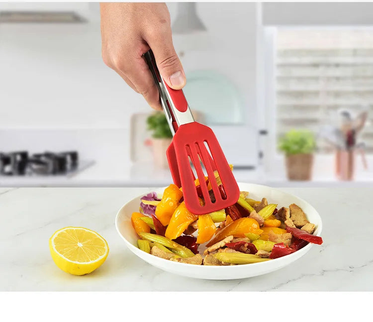 Non-Stick Silicone Cooking Tongs Stainless Steel Food Tongs Non-Slip Bread Steak Clip Salad Pizza BBQ Grill Kitchen Accessories