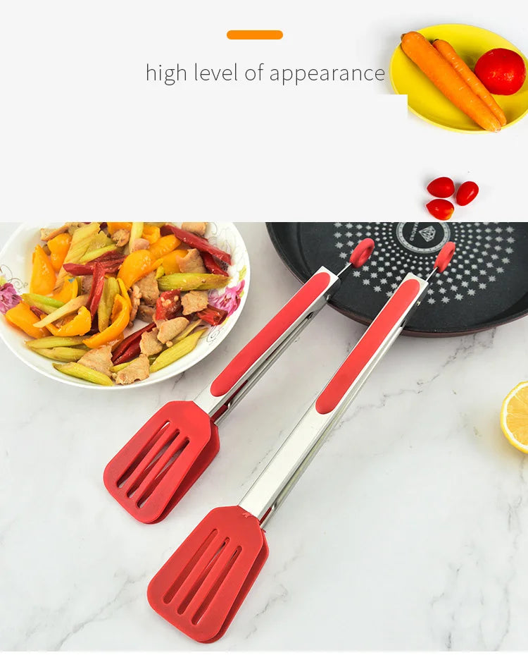 Non-Stick Silicone Cooking Tongs Stainless Steel Food Tongs Non-Slip Bread Steak Clip Salad Pizza BBQ Grill Kitchen Accessories