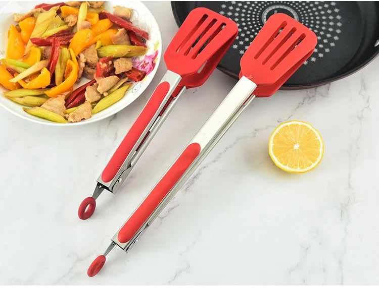 Non-Stick Silicone Cooking Tongs Stainless Steel Food Tongs Non-Slip Bread Steak Clip Salad Pizza BBQ Grill Kitchen Accessories