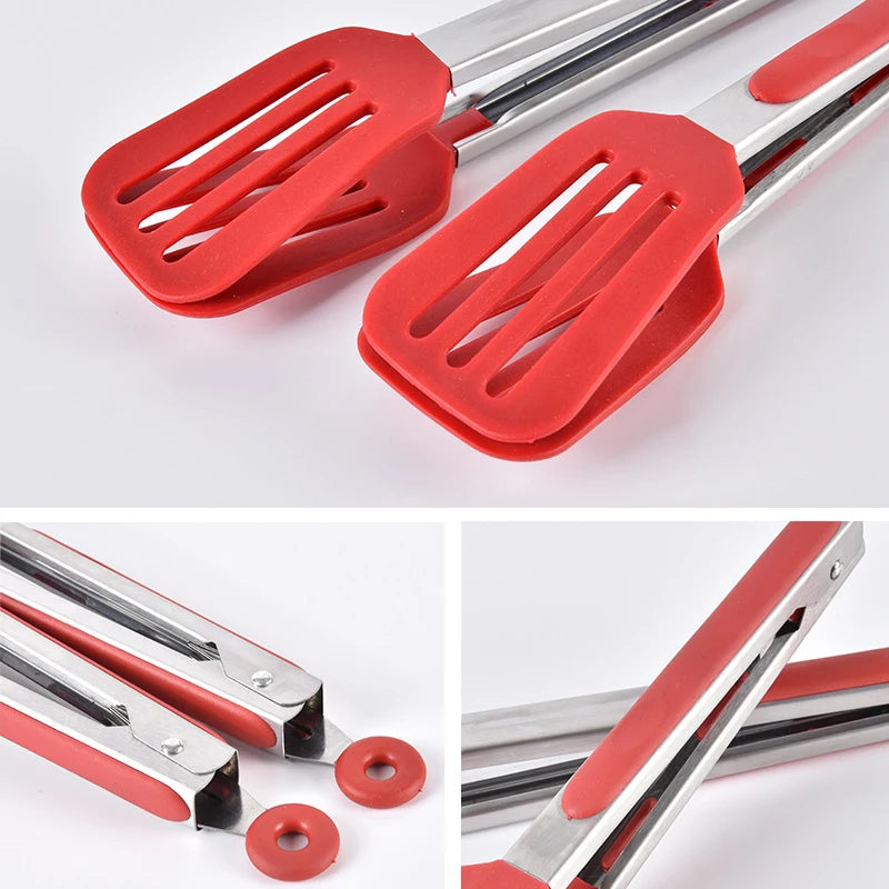 Non-Stick Silicone Cooking Tongs Stainless Steel Food Tongs Non-Slip Bread Steak Clip Salad Pizza BBQ Grill Kitchen Accessories