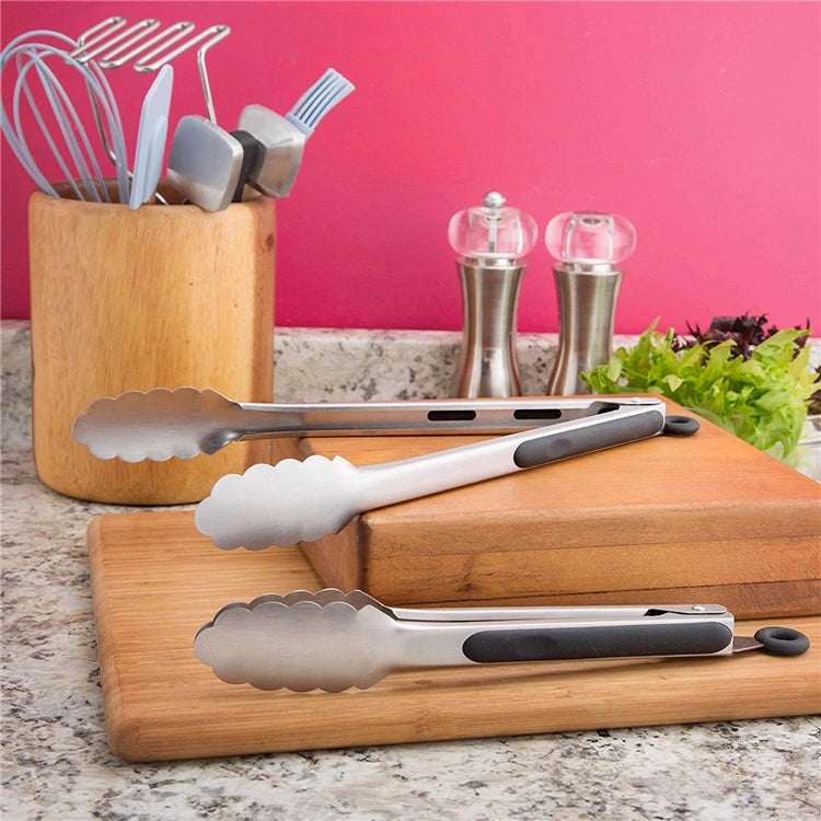 2 Pcs Stainless Steel Kitchen Tongs 9 12 inch Locking Cooking Tongs Non-Slip Metal Food Tongs BBQ Grilling Tongs Serving Clip