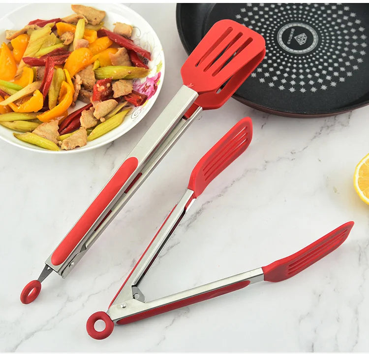 Non-Stick Silicone Cooking Tongs Stainless Steel Food Tongs Non-Slip Bread Steak Clip Salad Pizza BBQ Grill Kitchen Accessories