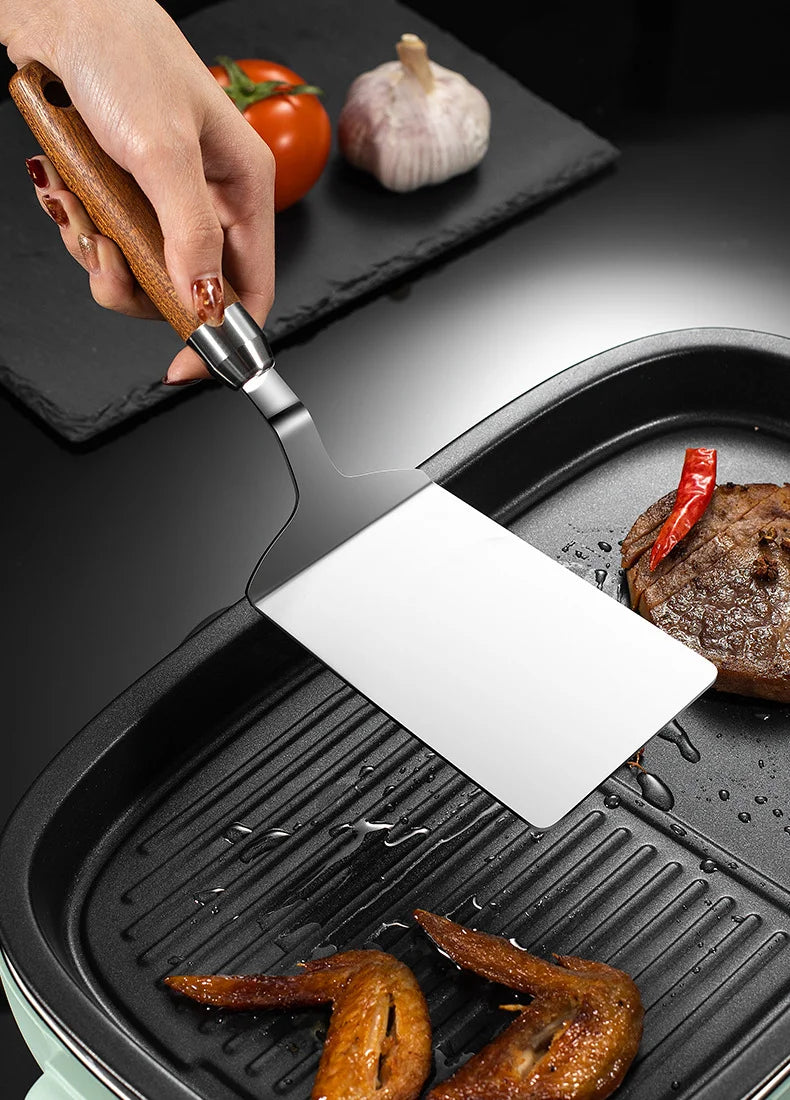304 Stainless Steel Steak Spatula Non-stick Pancake Barbecue Tongs Wood Handle Frying Fish Spatula Rust Resistant Kitchen Tool