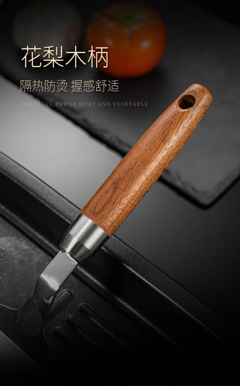 304 Stainless Steel Steak Spatula Non-stick Pancake Barbecue Tongs Wood Handle Frying Fish Spatula Rust Resistant Kitchen Tool