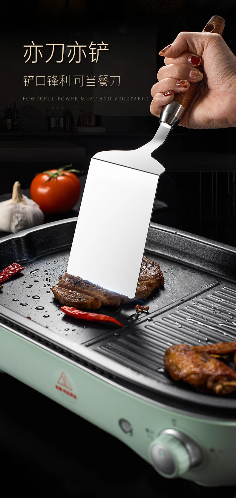 304 Stainless Steel Steak Spatula Non-stick Pancake Barbecue Tongs Wood Handle Frying Fish Spatula Rust Resistant Kitchen Tool