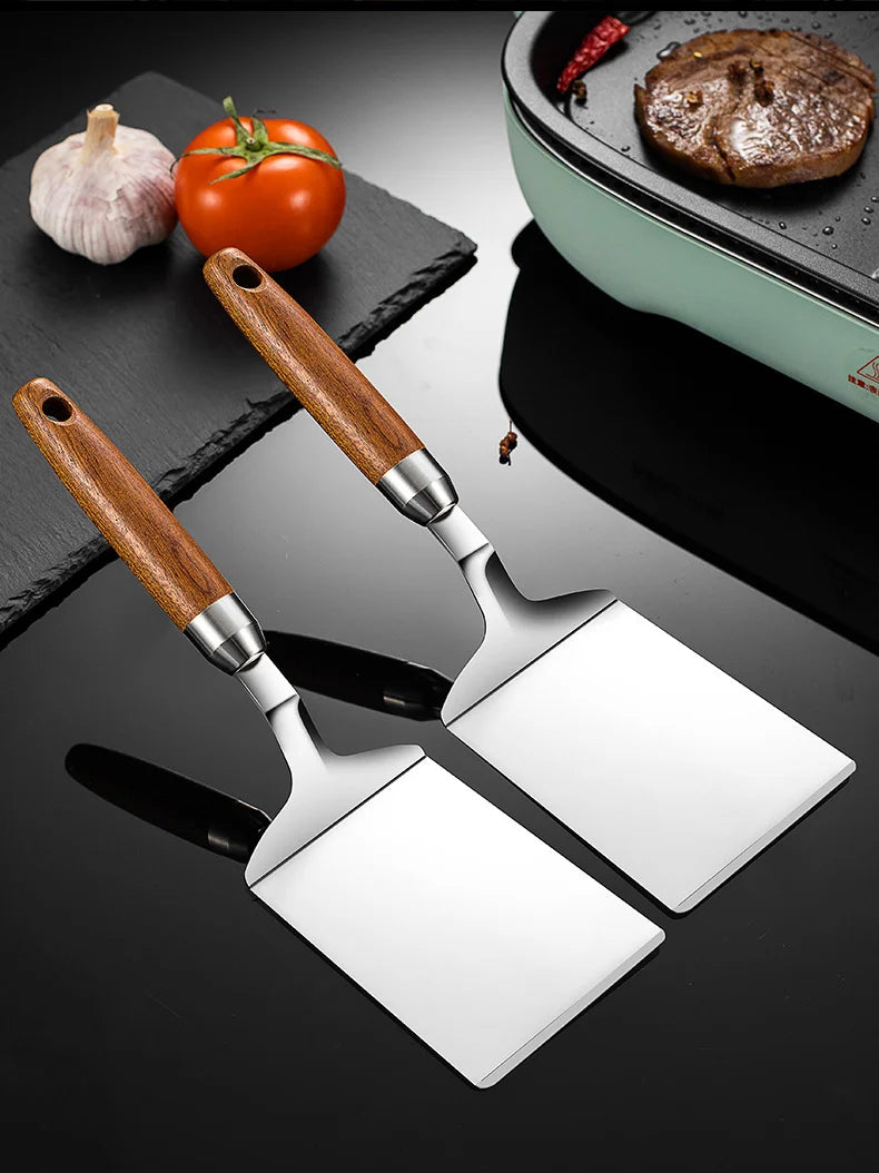 304 Stainless Steel Steak Spatula Non-stick Pancake Barbecue Tongs Wood Handle Frying Fish Spatula Rust Resistant Kitchen Tool