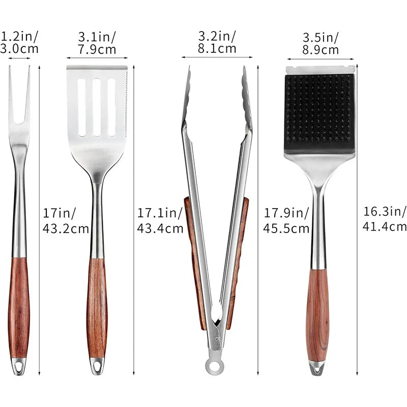 3 4PCS Grilling Accessories Wooden BBQ Grilling Tools Set Outdoor Grill Set with Spatula Fork Brush Tongs For Barbecue Grill Kit