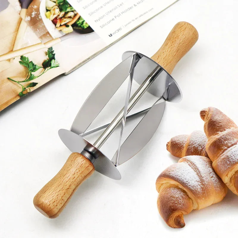 Stainless Steel Croissant Cutter Irregular Roller Cutter with Wooden Handle Pastry Baking Croissant Bread Knife Kitchen Gadgets