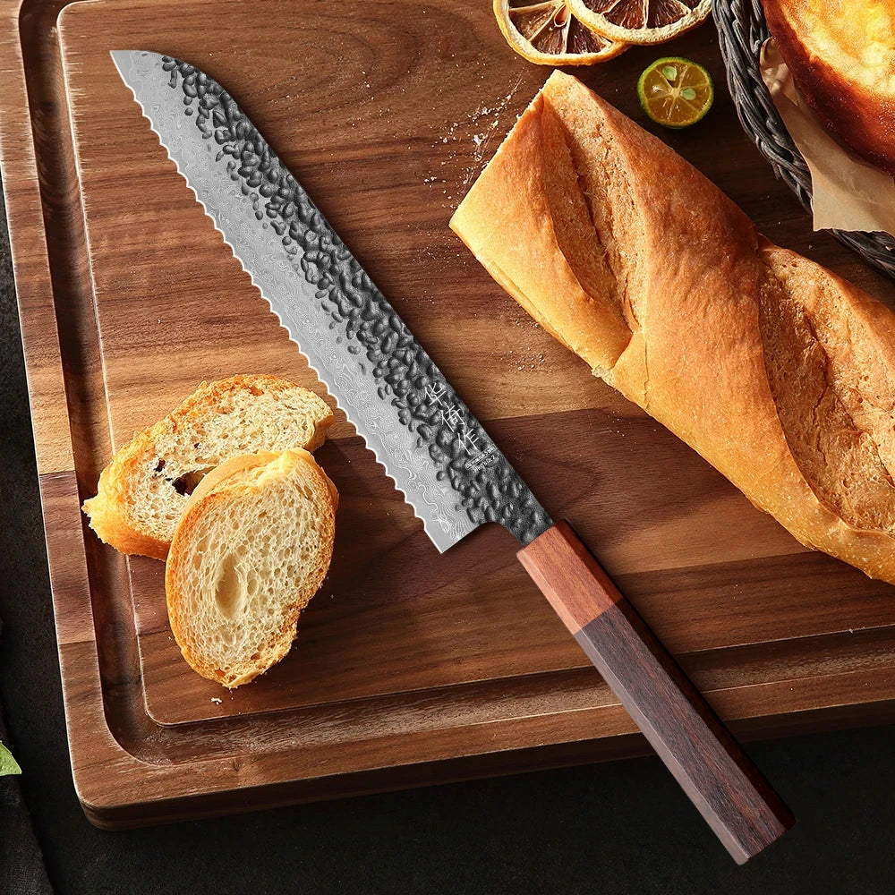 8.5" Bread Knife High Quality Damascus Steel Handmade Professional Chef Knife Kitchen Forged Cut Toast Slicer Serrated Knives