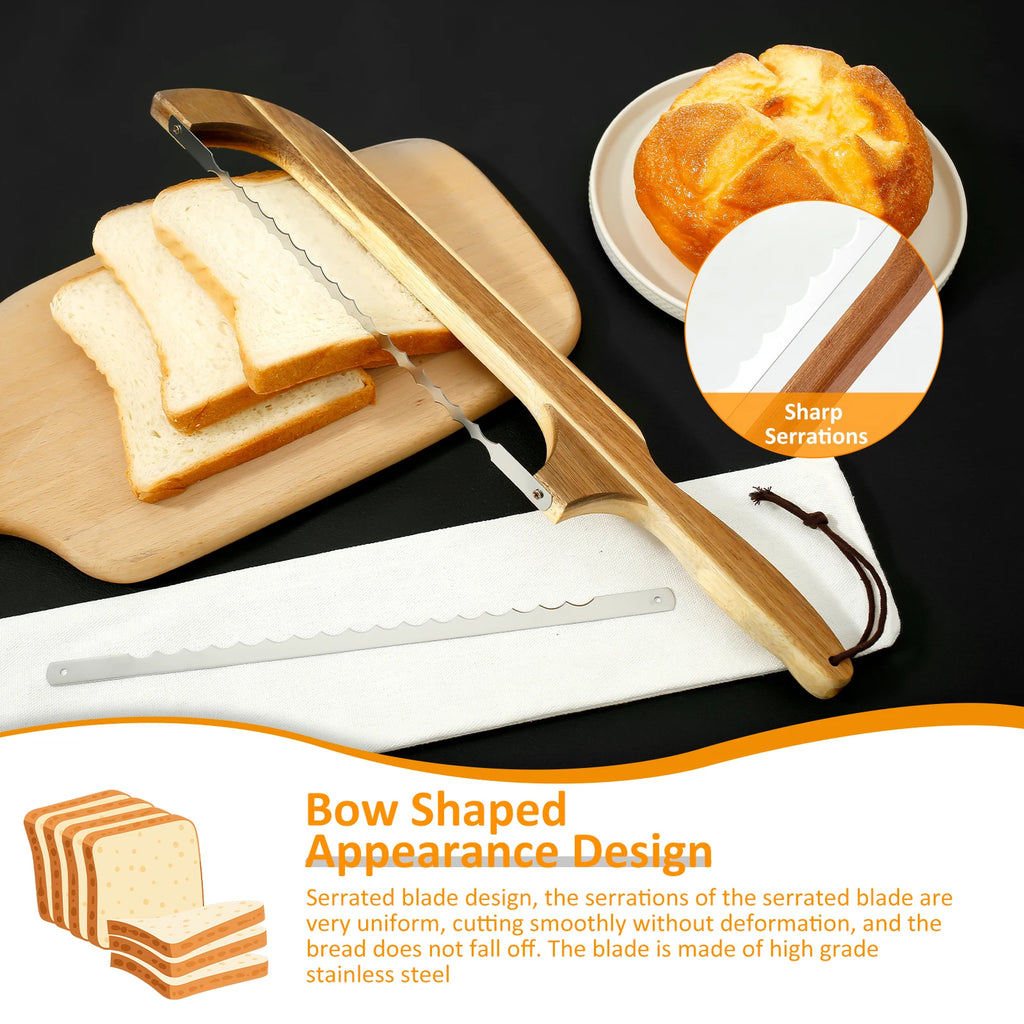 Wooden Bread Bow Knife Baking Baguette Cake Knife Serrated Toast Knife Bread Cutter Bread Cutting Saw Tool Kitchen Accessories