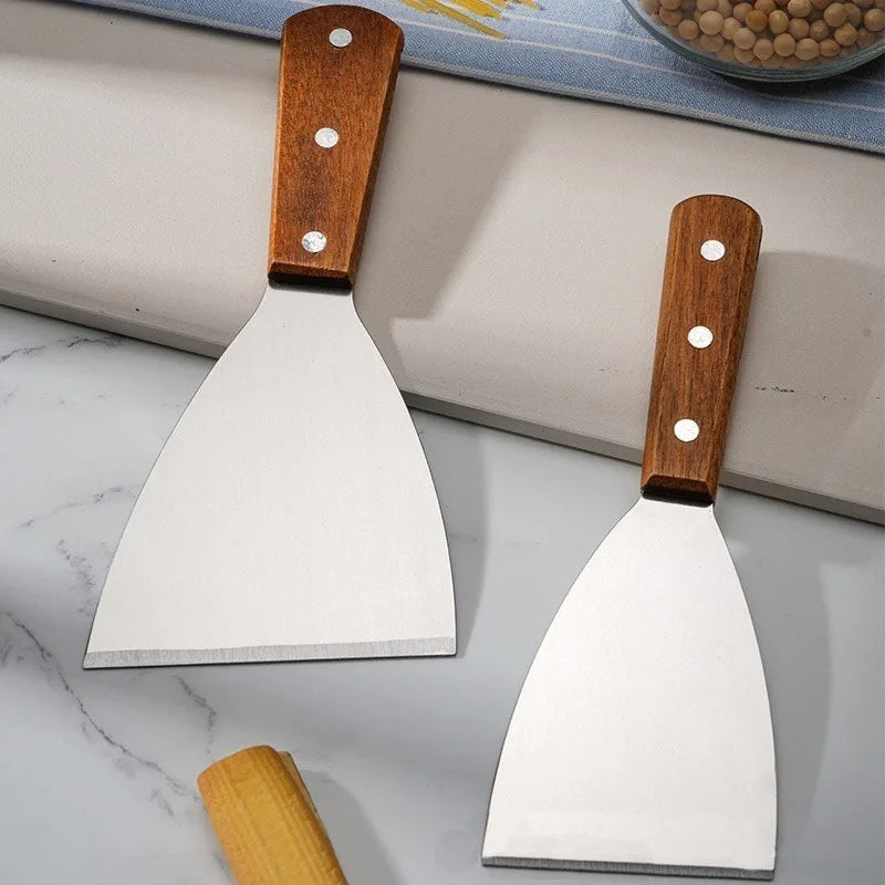 Wooden Handle Stainless Steel Oblique Spatula Steak Burger Pancake Pizza Scraper Shovel Kitchen Cooking Tools Barbecue Utensils