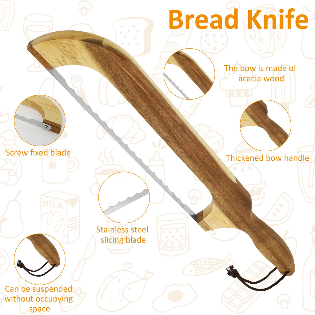 Sourdough Bread Slicer for Homemade Bread Wooden Breads Bow Knife with Stainless Steel Blades Serrated Sourdough Breads Knife