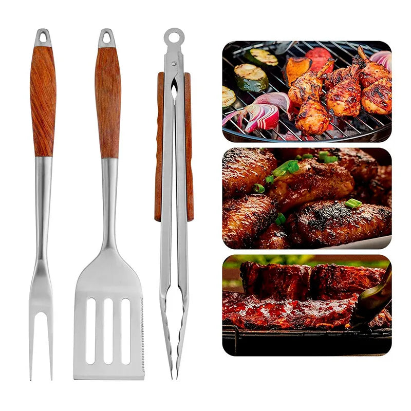3 4PCS Grilling Accessories Wooden BBQ Grilling Tools Set Outdoor Grill Set with Spatula Fork Brush Tongs For Barbecue Grill Kit