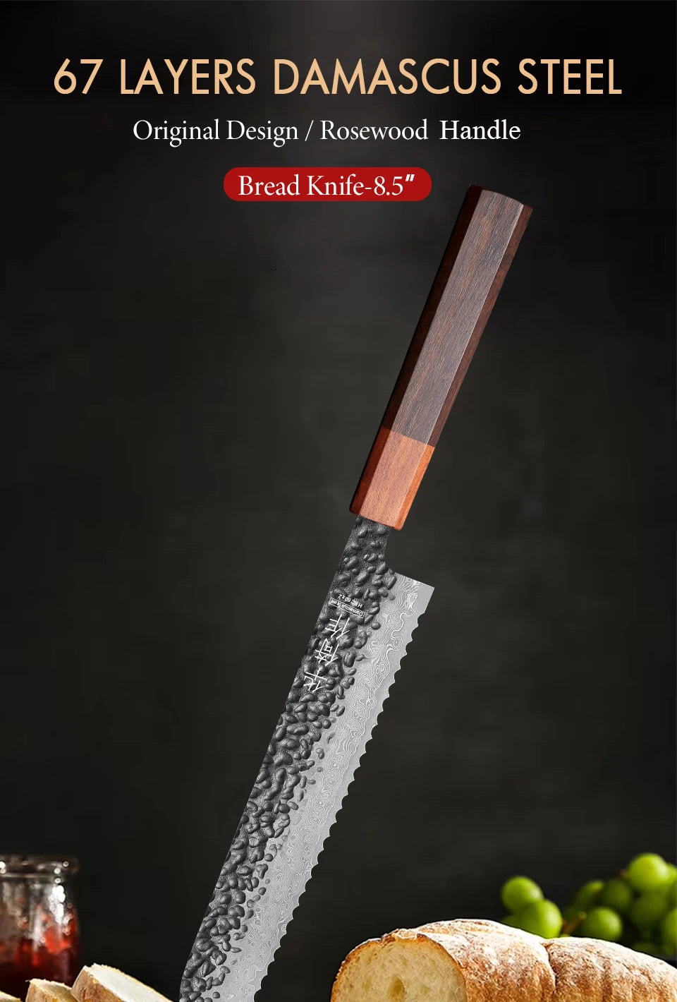 8.5" Bread Knife High Quality Damascus Steel Handmade Professional Chef Knife Kitchen Forged Cut Toast Slicer Serrated Knives