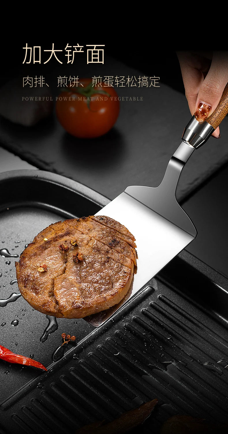 304 Stainless Steel Steak Spatula Non-stick Pancake Barbecue Tongs Wood Handle Frying Fish Spatula Rust Resistant Kitchen Tool