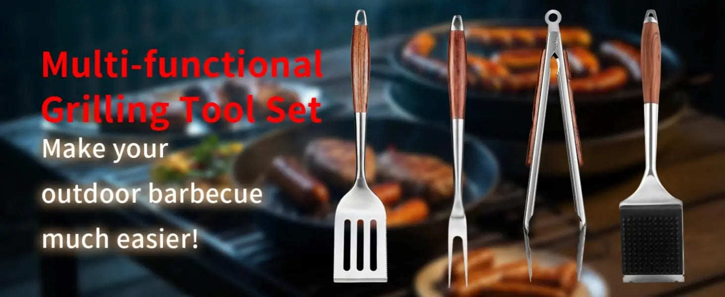 3 4PCS Grilling Accessories Wooden BBQ Grilling Tools Set Outdoor Grill Set with Spatula Fork Brush Tongs For Barbecue Grill Kit