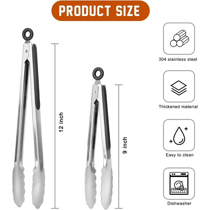 2 Pcs Stainless Steel Kitchen Tongs 9 12 inch Locking Cooking Tongs Non-Slip Metal Food Tongs BBQ Grilling Tongs Serving Clip