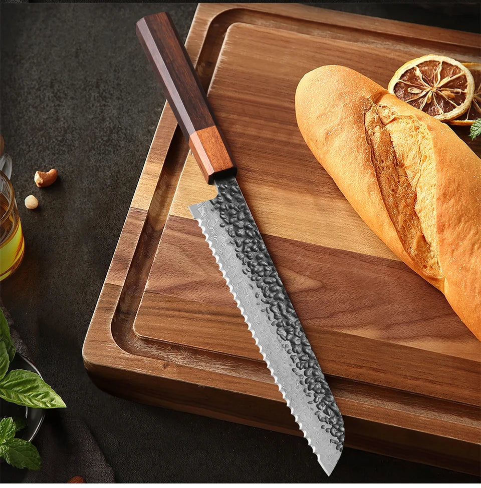 8.5" Bread Knife High Quality Damascus Steel Handmade Professional Chef Knife Kitchen Forged Cut Toast Slicer Serrated Knives