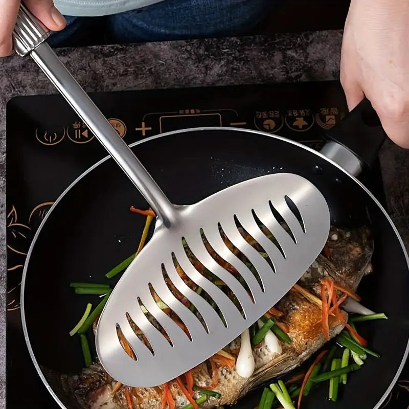 1PC Large Stainless Steel Fish Frying Spatula Egg Pan Scoop Nonstick Long Handle Steak Slotted Flat Shovel Kitchen Cooking Tool
