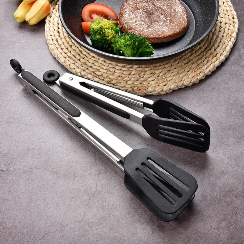 Non-Stick Silicone Cooking Tongs Stainless Steel Food Tongs Non-Slip Bread Steak Clip Salad Pizza BBQ Grill Kitchen Accessories