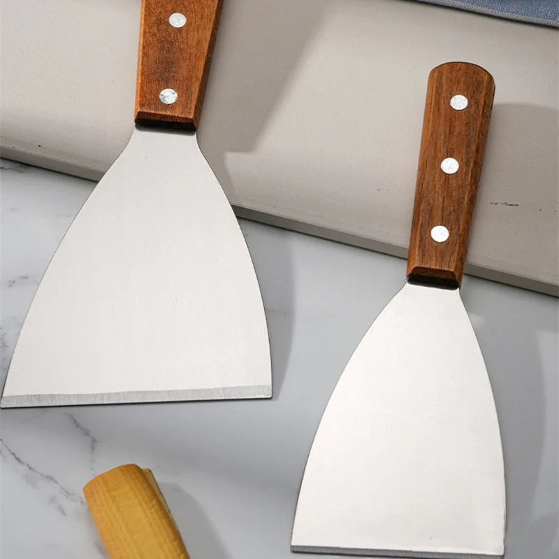 Wooden Handle Stainless Steel Oblique Spatula Steak Burger Pancake Pizza Scraper Shovel Kitchen Cooking Tools Barbecue Utensils
