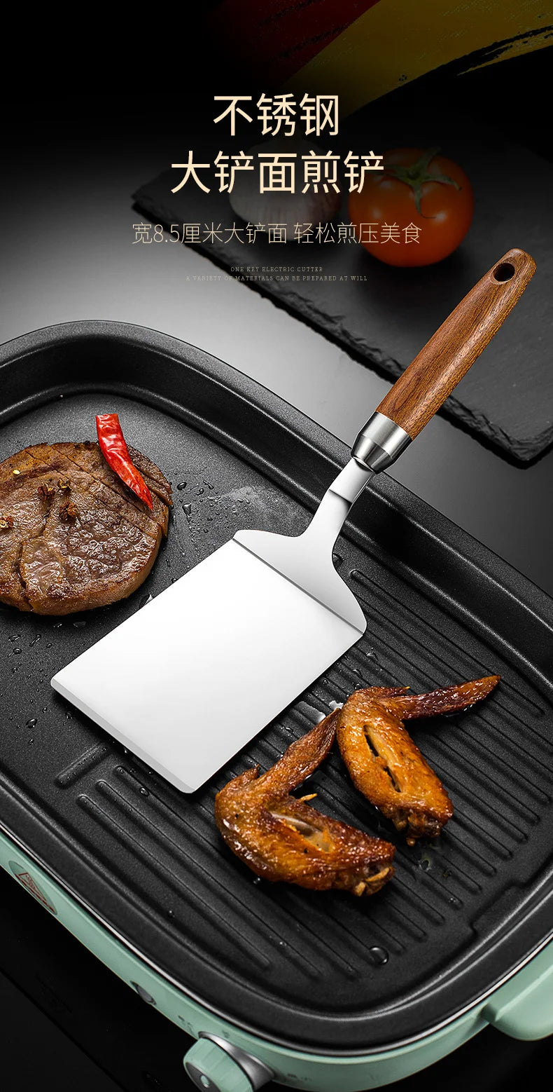 304 Stainless Steel Steak Spatula Non-stick Pancake Barbecue Tongs Wood Handle Frying Fish Spatula Rust Resistant Kitchen Tool