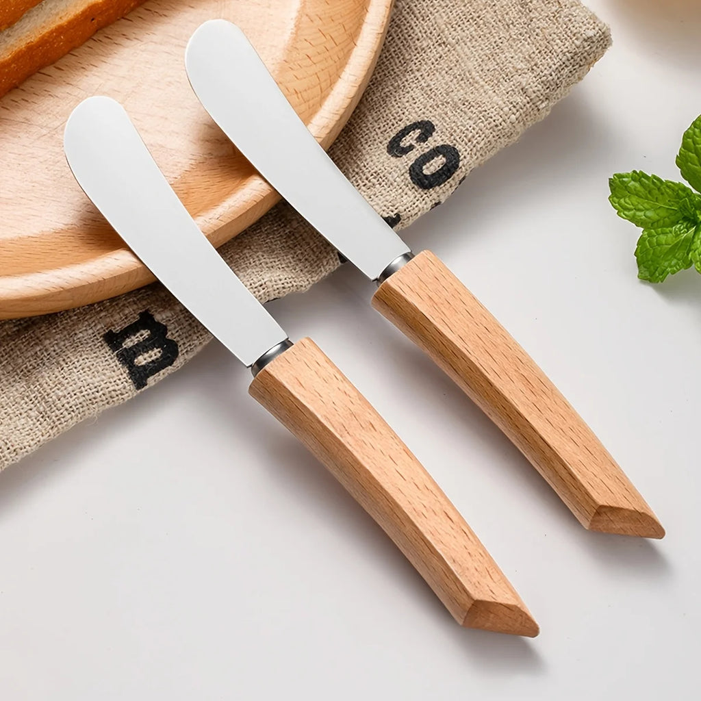1/2pcs Stainless Steel Butter Knife Western Cutlery Bread Jam Knife Wooden Long Handle Butter Spatula Pastry Knife Cream Scraper