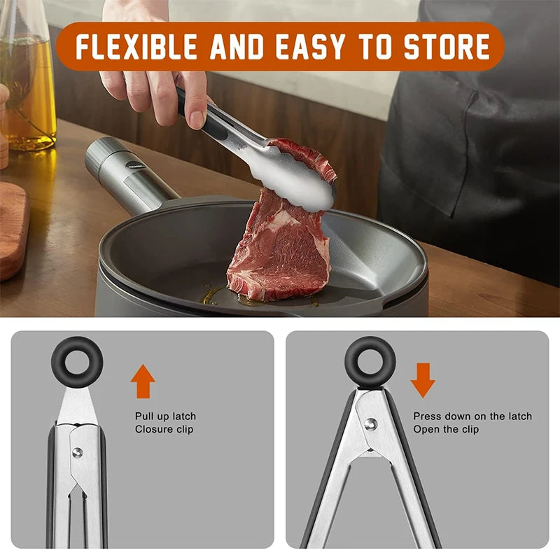 2 Pcs Stainless Steel Kitchen Tongs 9 12 inch Locking Cooking Tongs Non-Slip Metal Food Tongs BBQ Grilling Tongs Serving Clip