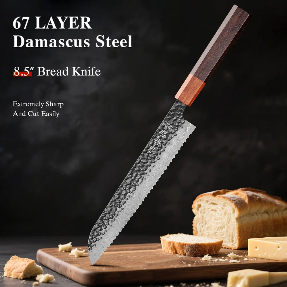 8.5" Bread Knife High Quality Damascus Steel Handmade Professional Chef Knife Kitchen Forged Cut Toast Slicer Serrated Knives