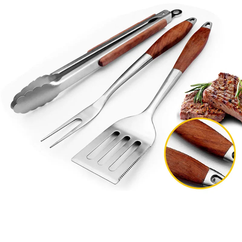 3 4PCS Grilling Accessories Wooden BBQ Grilling Tools Set Outdoor Grill Set with Spatula Fork Brush Tongs For Barbecue Grill Kit
