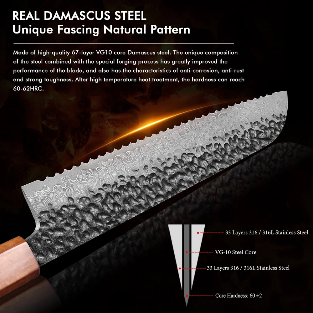 8.5" Bread Knife High Quality Damascus Steel Handmade Professional Chef Knife Kitchen Forged Cut Toast Slicer Serrated Knives