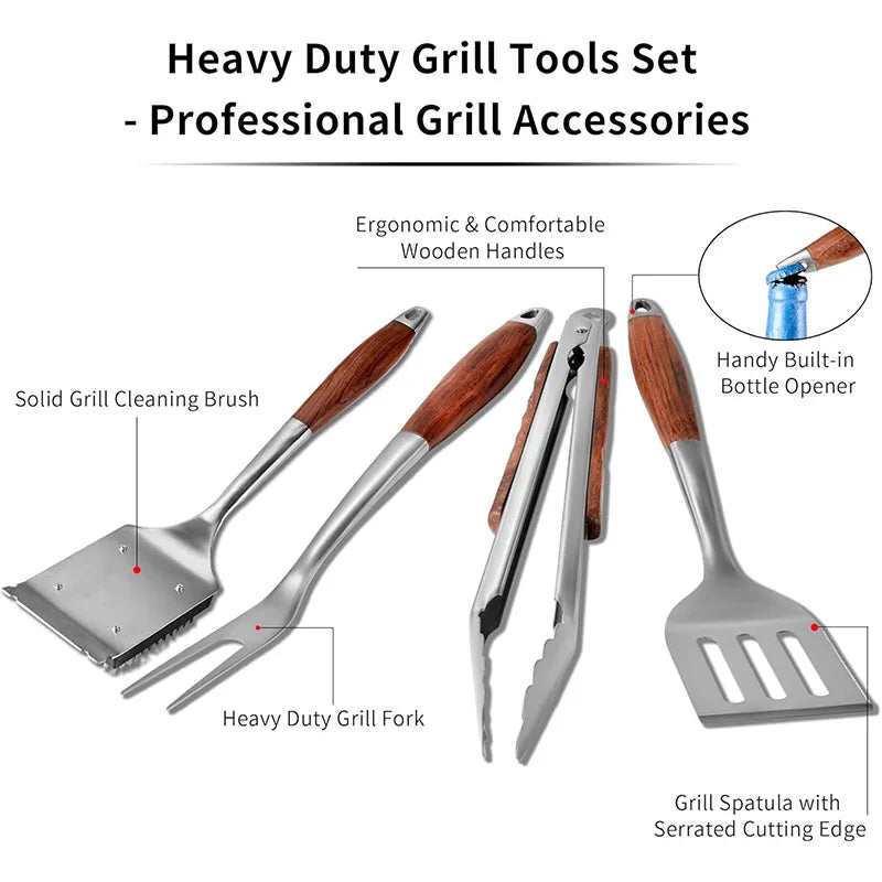 3 4PCS Grilling Accessories Wooden BBQ Grilling Tools Set Outdoor Grill Set with Spatula Fork Brush Tongs For Barbecue Grill Kit