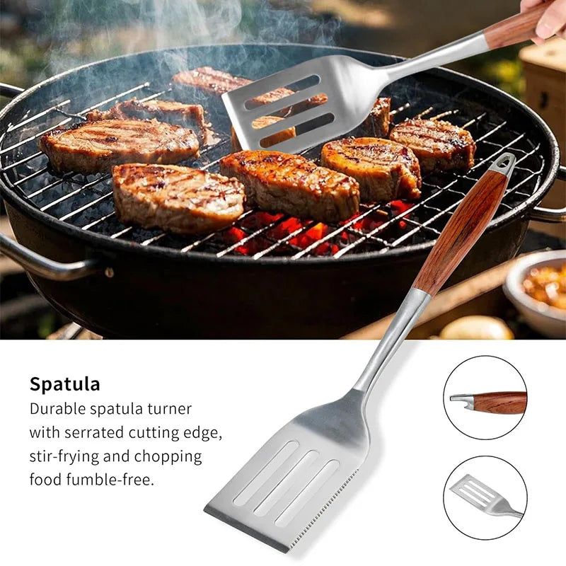 3 4PCS Grilling Accessories Wooden BBQ Grilling Tools Set Outdoor Grill Set with Spatula Fork Brush Tongs For Barbecue Grill Kit