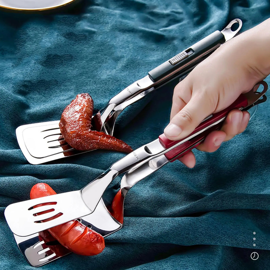 Stainless Steel Spatula Tongs Fish Spatula Slotted Double Spatula Grill Tongs for Beefsteak Burgers Fish Cooking Fillets