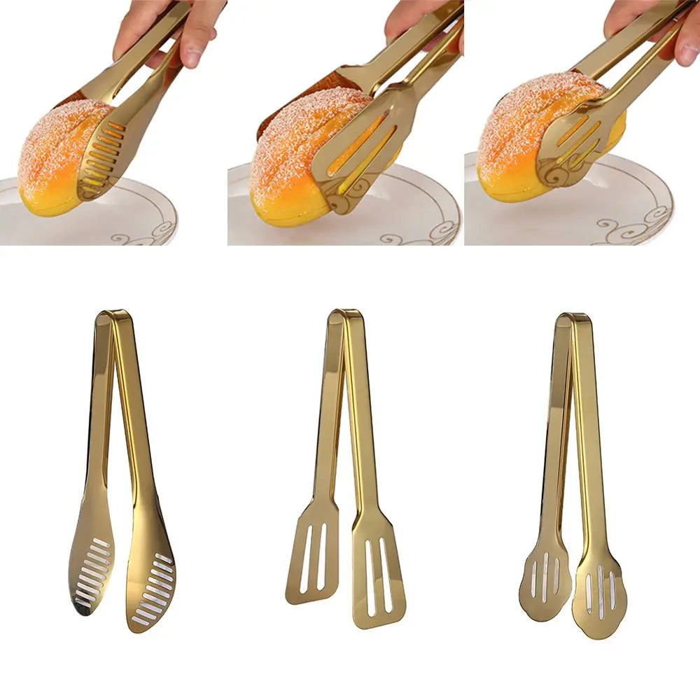 1pc Stainless Steel BBQ Food Tongs Steak Clip Gold Color  Hollow Cake Bread Grill Clamp Cooking Utensils Kitchen Accessories