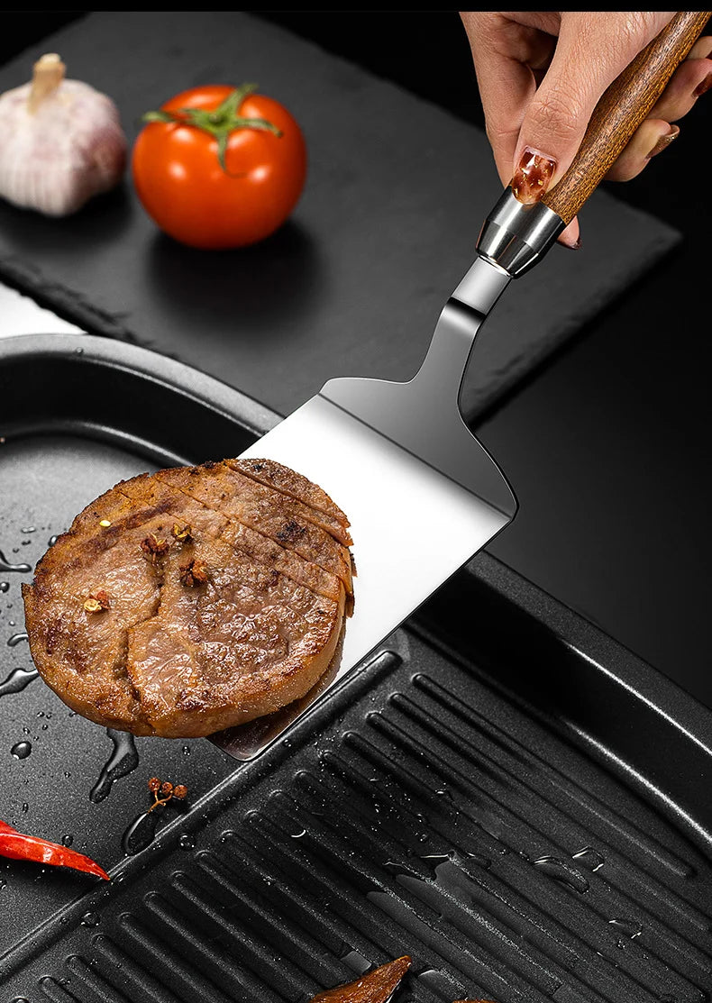 304 Stainless Steel Steak Spatula Non-stick Pancake Barbecue Tongs Wood Handle Frying Fish Spatula Rust Resistant Kitchen Tool