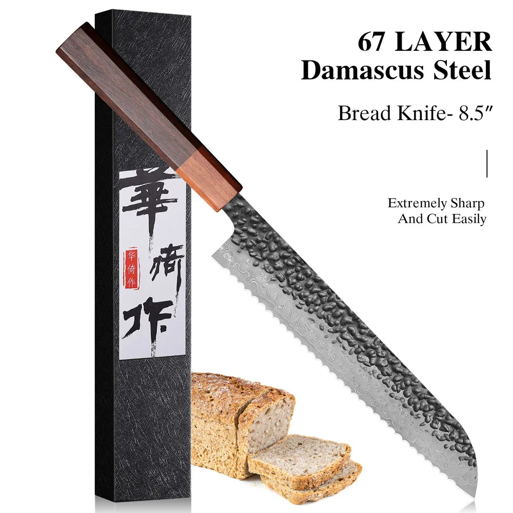8.5" Bread Knife High Quality Damascus Steel Handmade Professional Chef Knife Kitchen Forged Cut Toast Slicer Serrated Knives