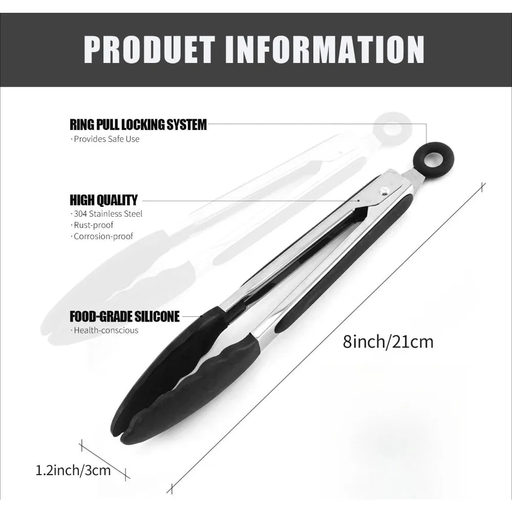 8" Food Tongs Cooking Tongs with Stainless Steel Handles and Heat Resistant Heavy Duty Rubber Heads for Grilling, Salads, Etc.