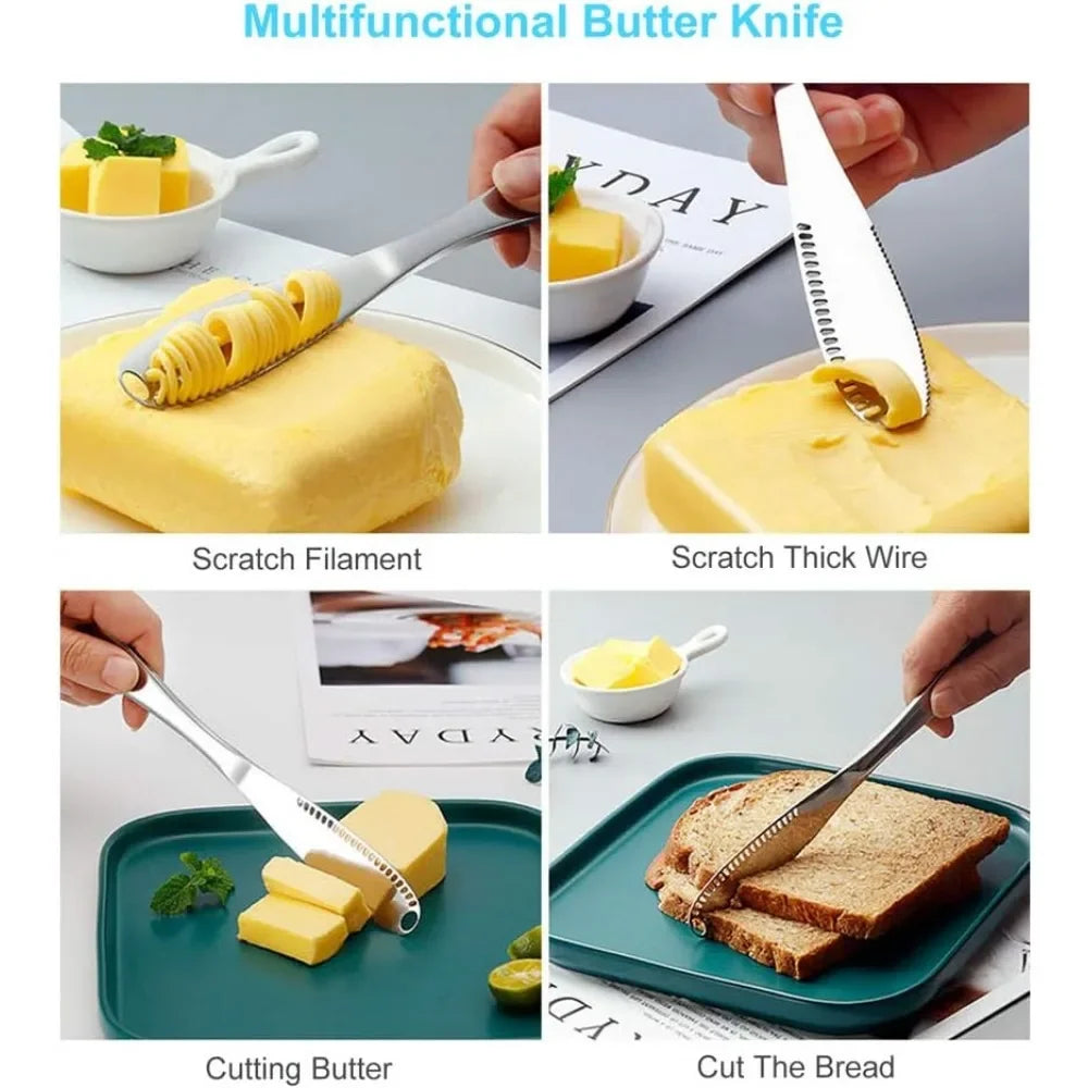 2025 New 3 in 1 Kitchen Serrated Stainless Steel Butter Knife Spreaders, Butter Knifes for Cold Butter Slicer with Holes