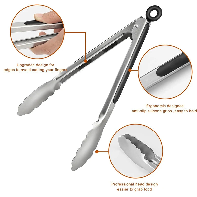 2 Pcs Stainless Steel Kitchen Tongs 9 12 inch Locking Cooking Tongs Non-Slip Metal Food Tongs BBQ Grilling Tongs Serving Clip